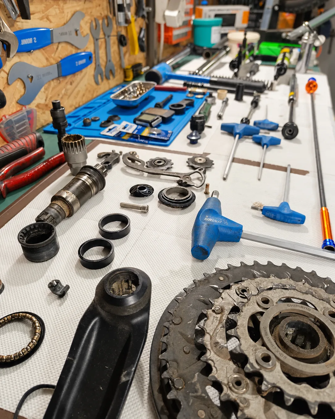 Drivetrain parts on the workbench