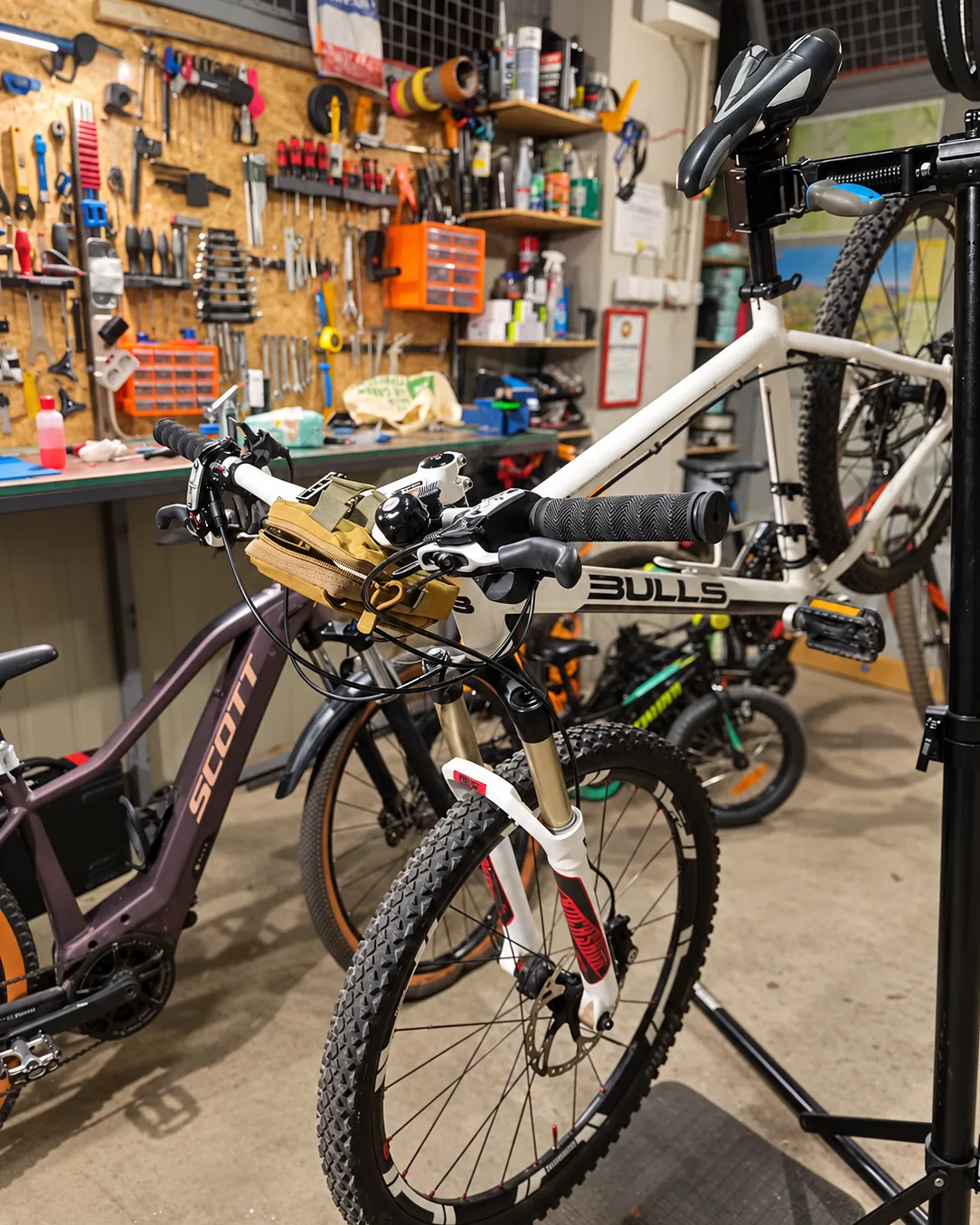 Bulls mountain bike on a service stand