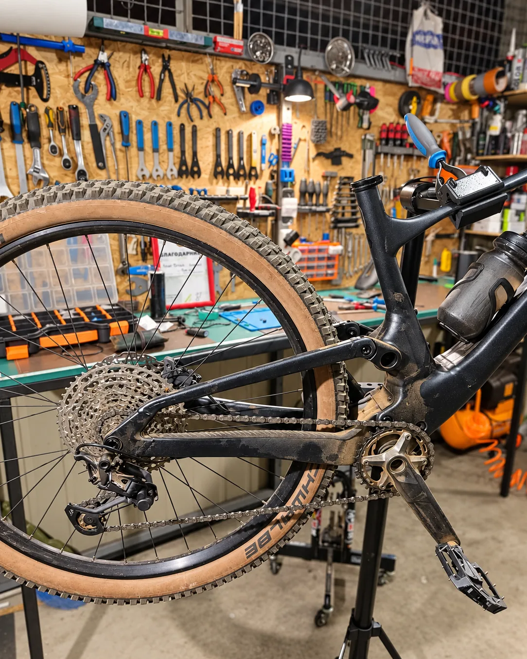 Drivetrain detail on a full-suspension bicycle