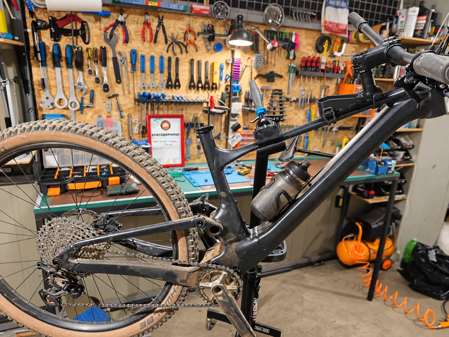 Full-suspension bicycle in the workshop