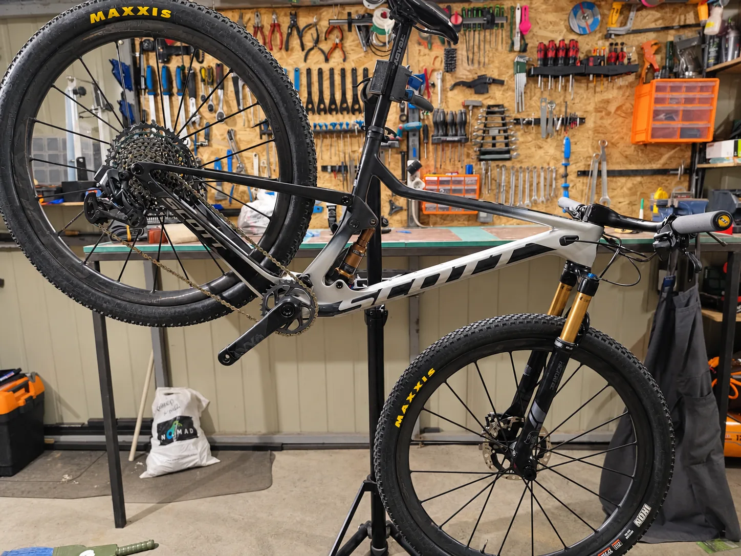 Scott full-suspension bicycle on a service stand