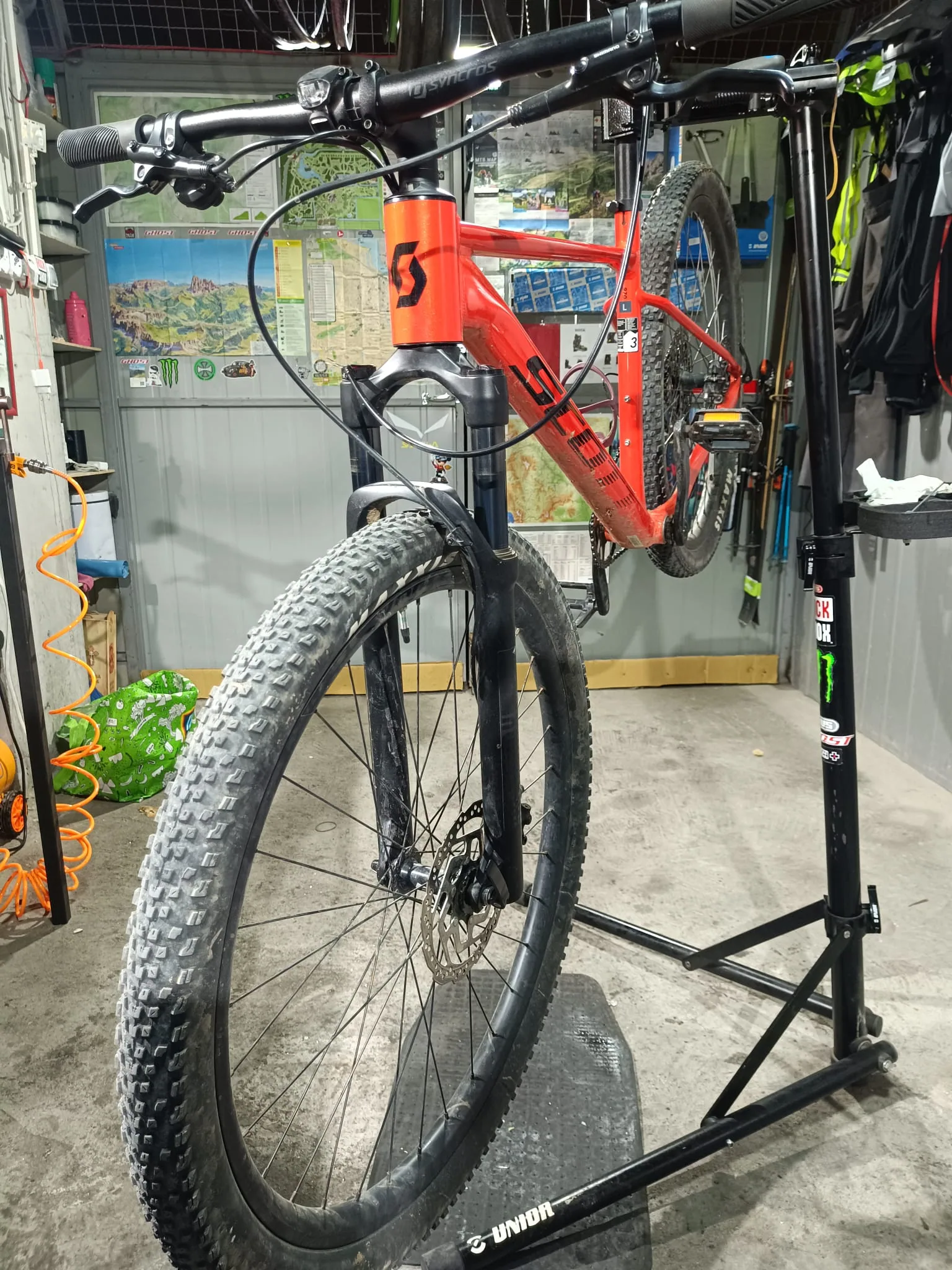 Scott mountain bike on a service stand