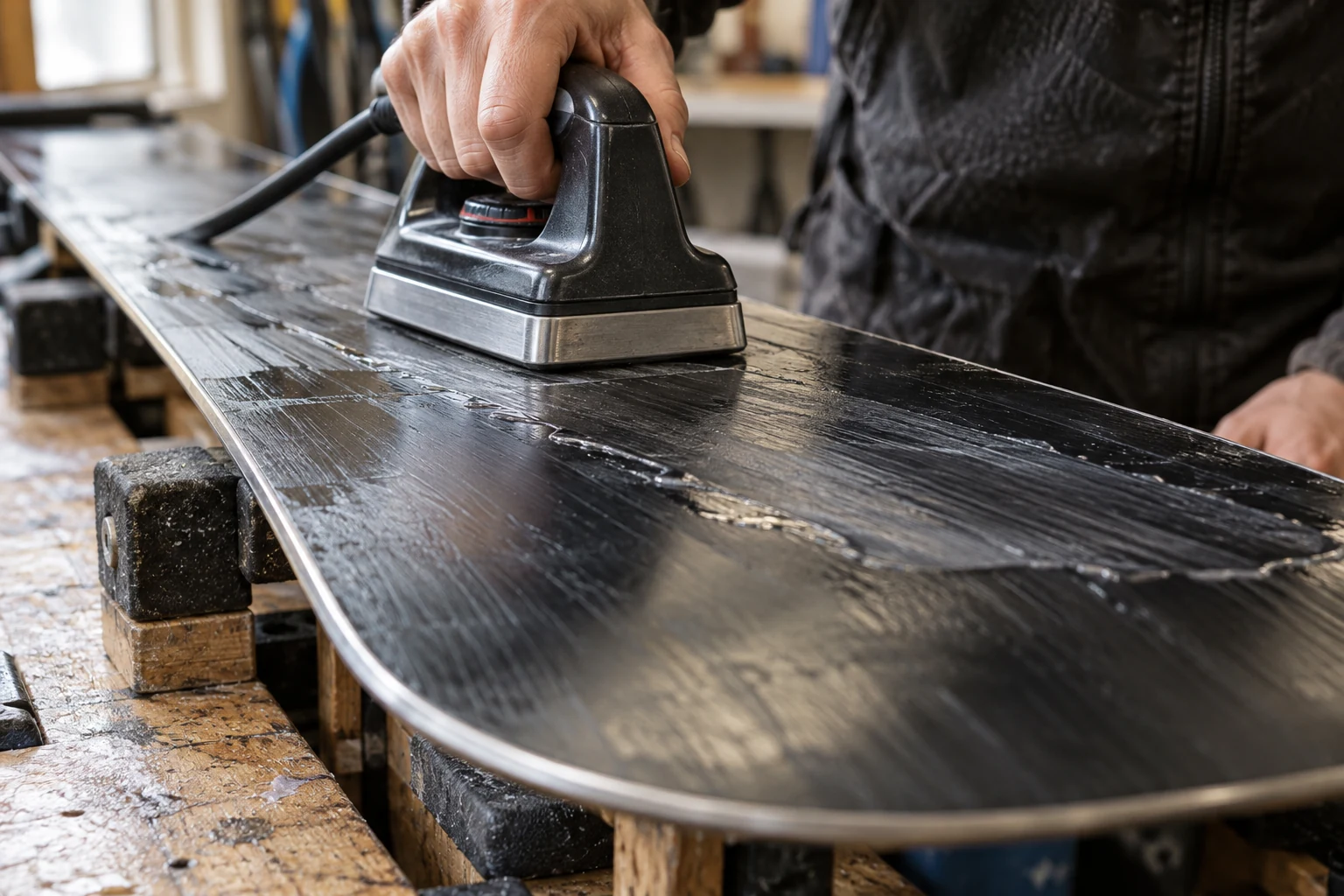 Applying hot wax to a snowboard base