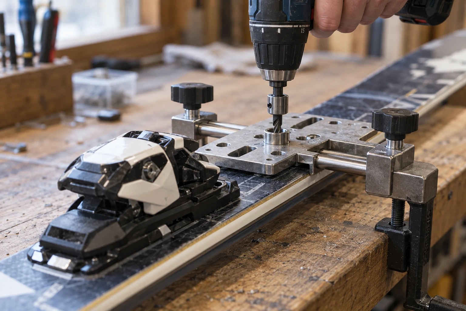 Drilling with a jig for ski binding mounting