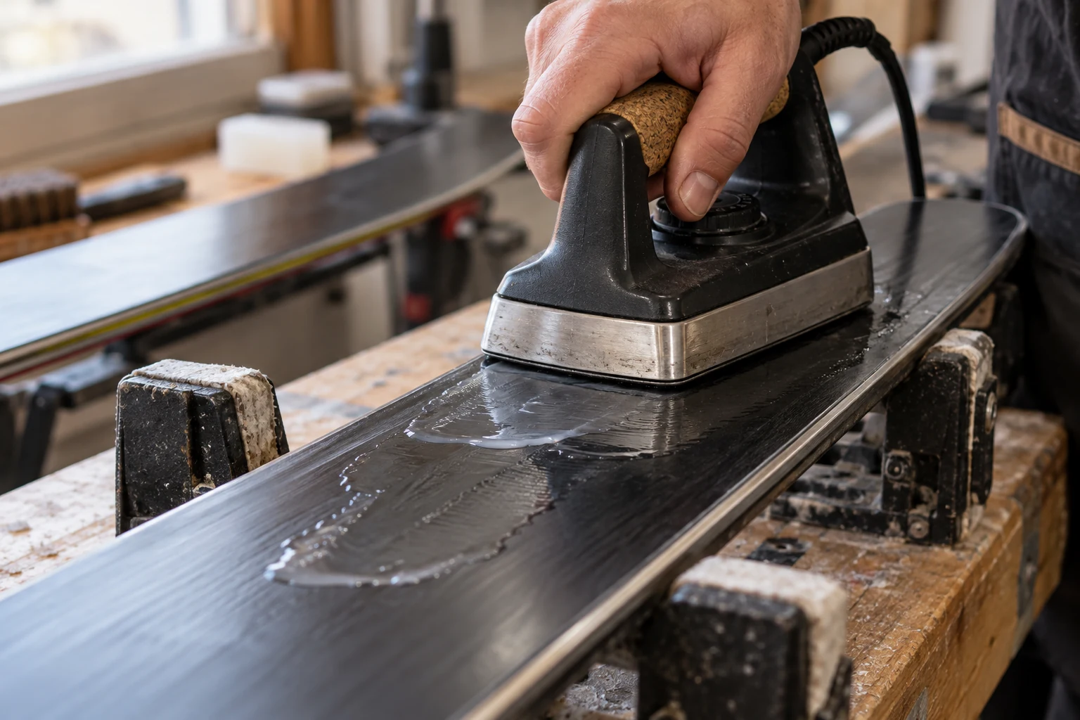 Applying hot wax to a ski base
