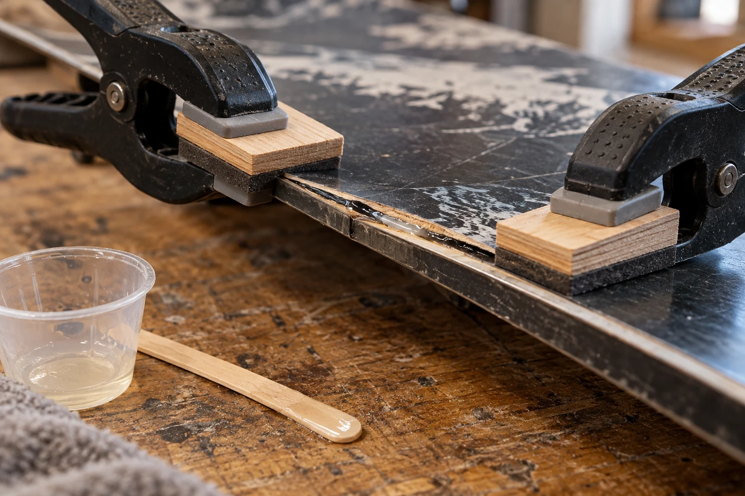 Bonding a damaged snowboard section with clamps
