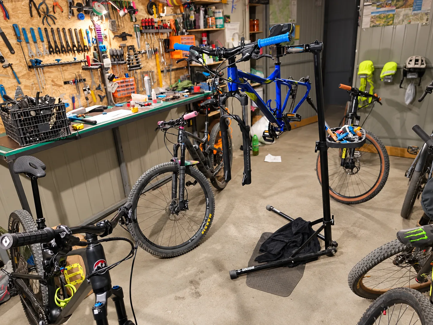 Bicycles and a service stand in the workshop